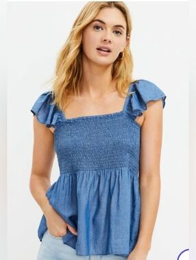 LOFT Blue Smocked Square-Neck Ruffle Sleeve Tank